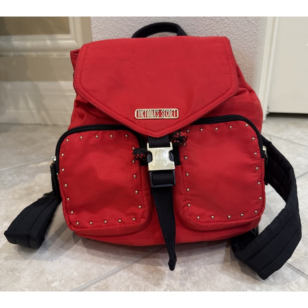 Victorias Secret BACKPACK - RED W/GOLD STUDS - Drawstring Close‎ Buckle Pockets